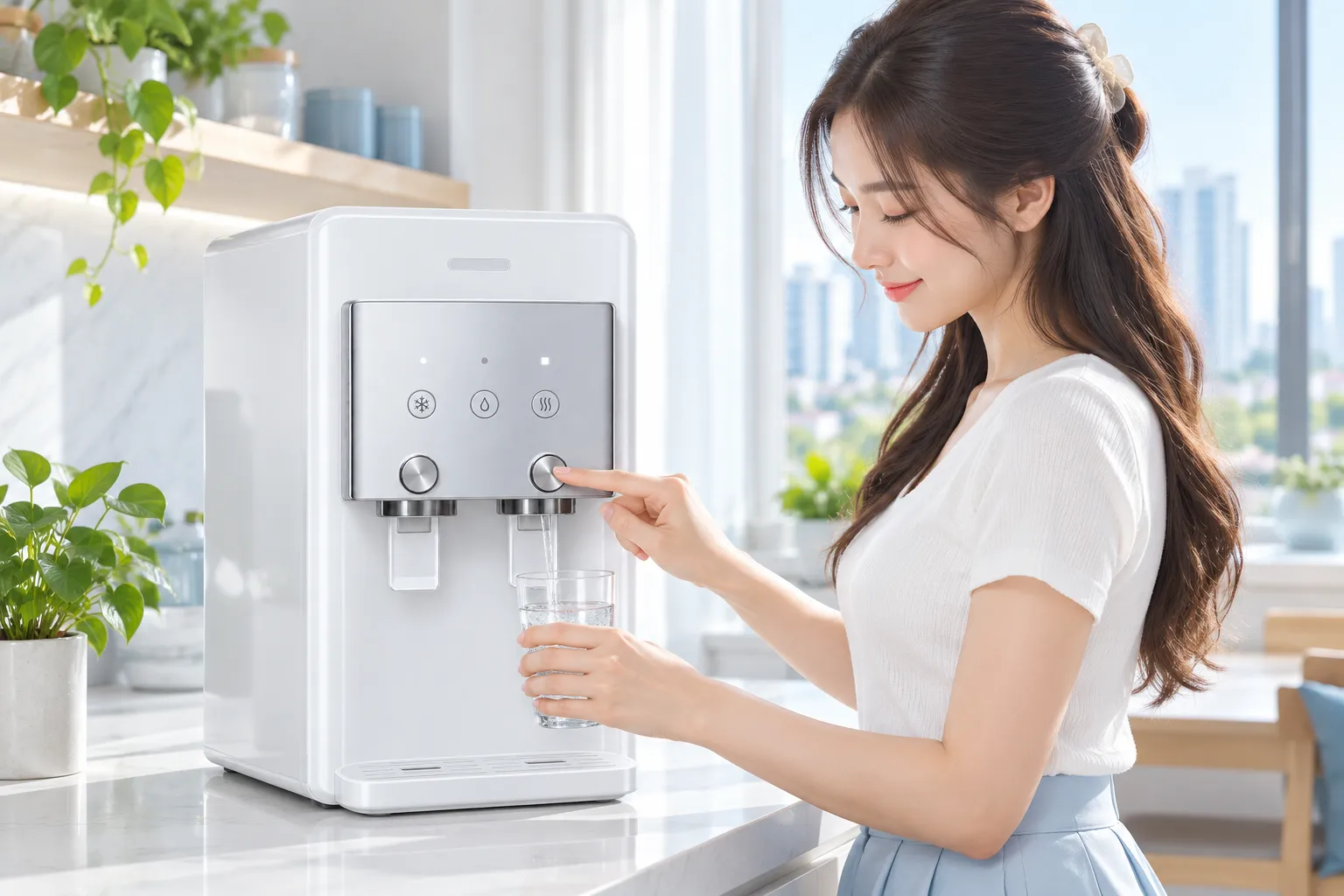 เครื่องกรองน้ำ Coway Neo Plus วางบนเคาน์เตอร์ครัว (ภาพประกอบสร้างด้วย AI)